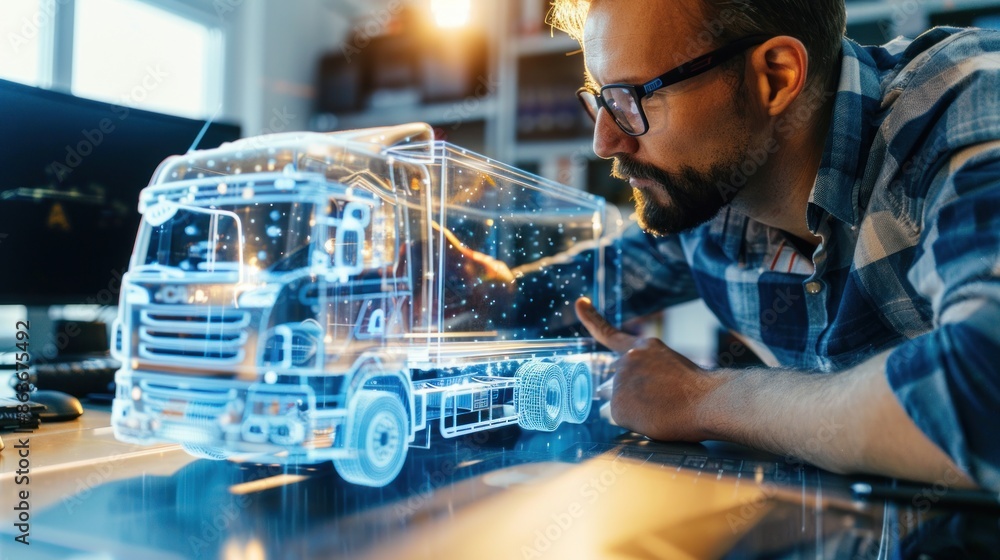 Poster an engineer inspecting a physical model of a truck concept, with space around for adding text or bra
