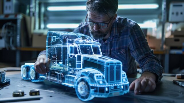 An engineer inspecting a physical model of a truck concept, with space around for adding text or branding elements, highlighting innovation and technology