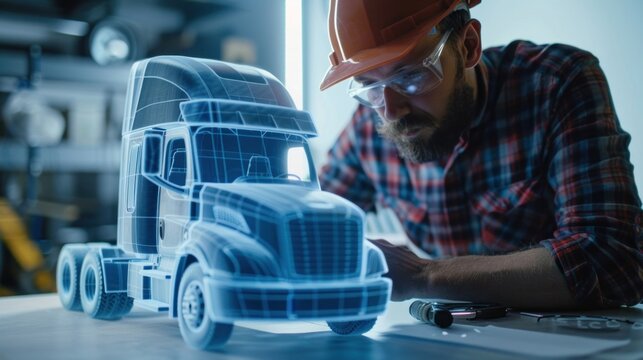An engineer inspecting a physical model of a truck concept, with space around for adding text or branding elements, highlighting innovation and technology 