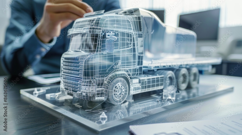 Poster an engineer presenting a scale model of a truck concept, with clear space around for adding personal