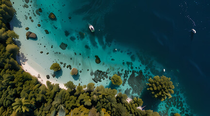 Fototapeta premium Top-down view of a forested island, surrounded by turquoise waters, with lush vegetation covering the land