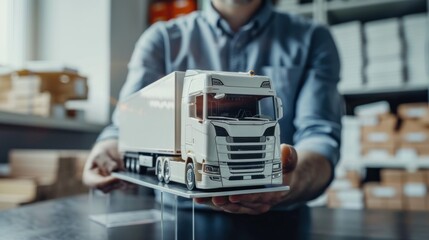 An engineer presenting a scale model of a truck concept, with clear space around for adding personalized messages or branding