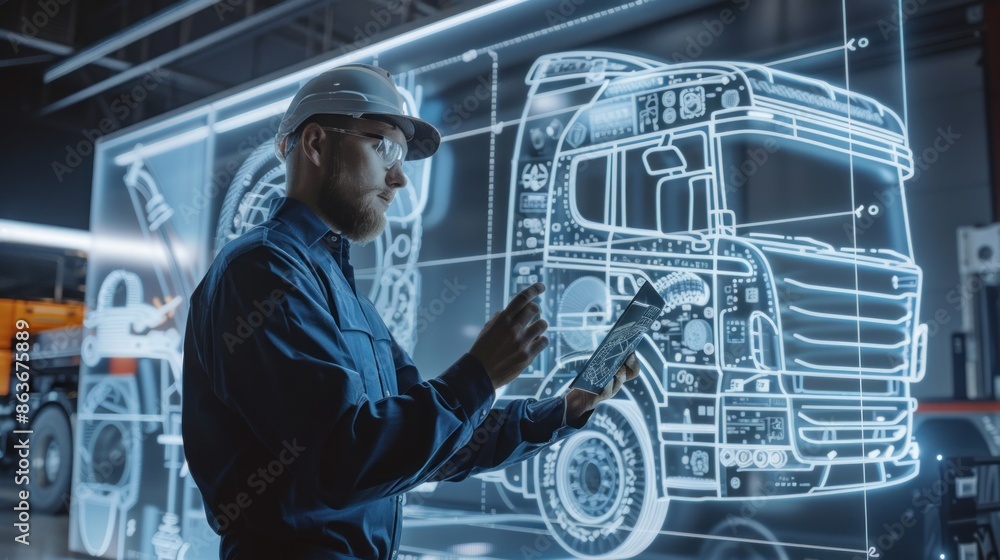 Poster an engineer showcasing a cutting-edge truck concept blueprint, with room around for adding custom te