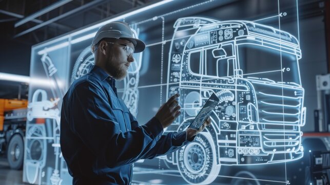 An engineer showcasing a cutting-edge truck concept blueprint, with room around for adding custom text or graphics 