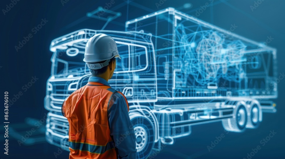 Poster an engineer showcasing a cutting-edge truck concept blueprint, with room around for adding custom te
