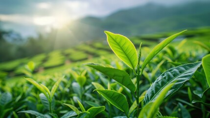 Obraz premium A tea plantation for harvesting the product. Fresh green tea leaves at the tea farm. An organic drink.