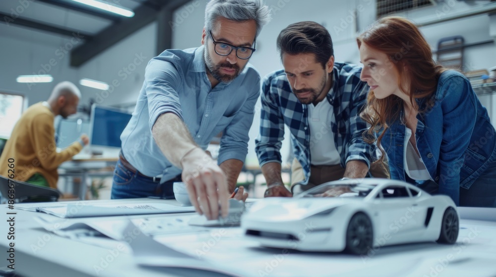 Poster a team of engineers discussing and planning a new car concept, with a copy space background ideal fo