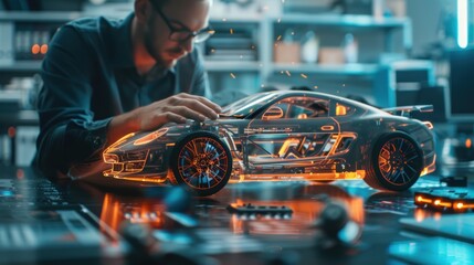 An engineer inspecting a physical model of a car concept, with space around for adding text or branding elements, emphasizing innovation and technology