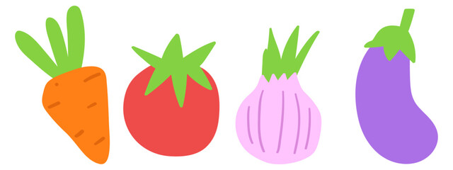 Set of vegetables. Carrot, tomato, onion, eggplant. Flat vector illustrations on white background.