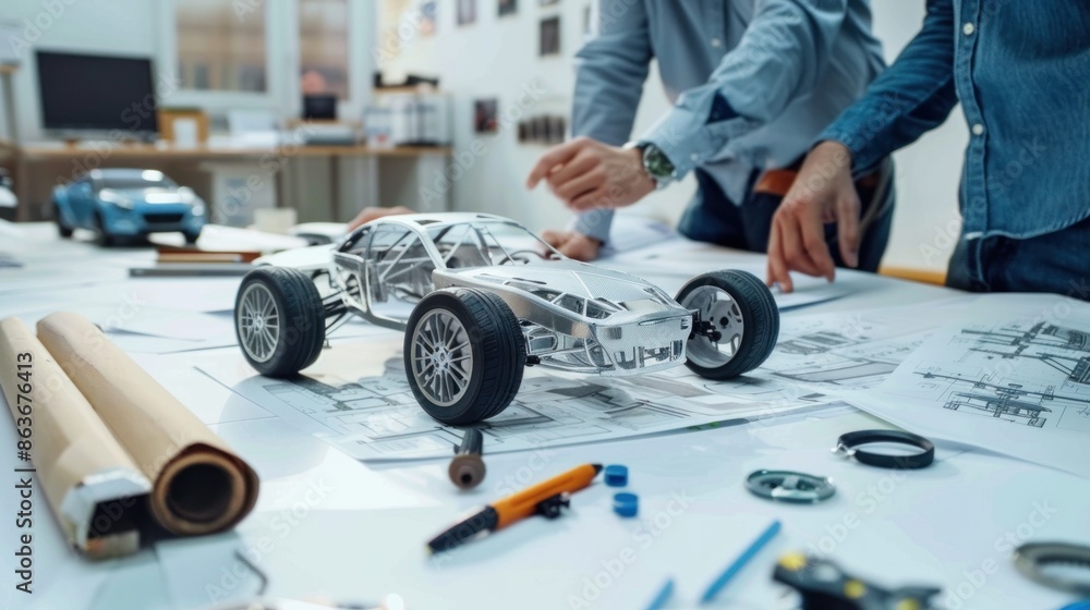 Poster a team of engineers discussing and planning a new car concept, with a copy space background ideal fo