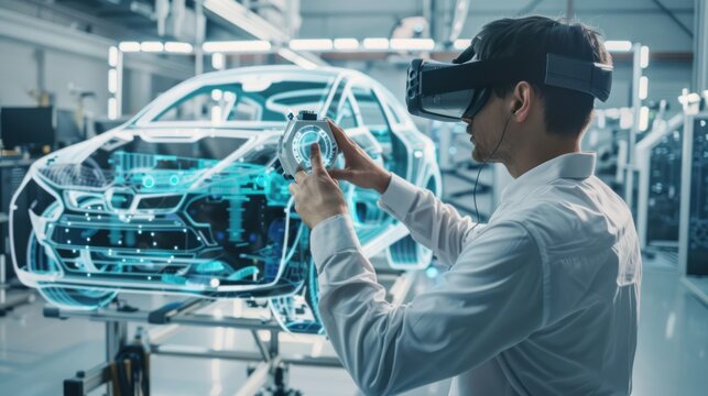 An engineer using virtual reality technology to visualize and refine a car concept, against a simple background perfect for adding text or logos