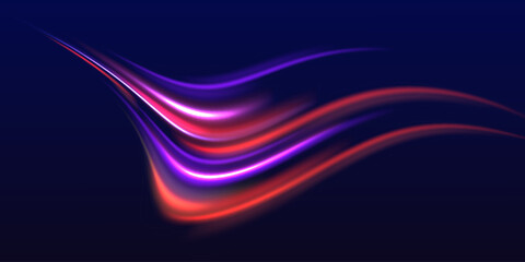 Long exposure of motorways as speed. Neon spiral lines in yellow blue and purple colors. Image of speed motion on the road.