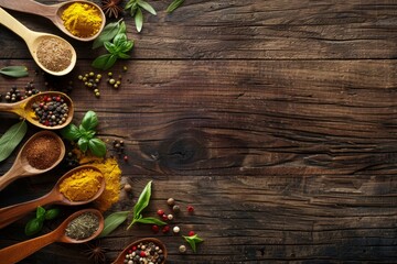 A wooden table with various spices and herbs in wooden spoons © Snowstudio