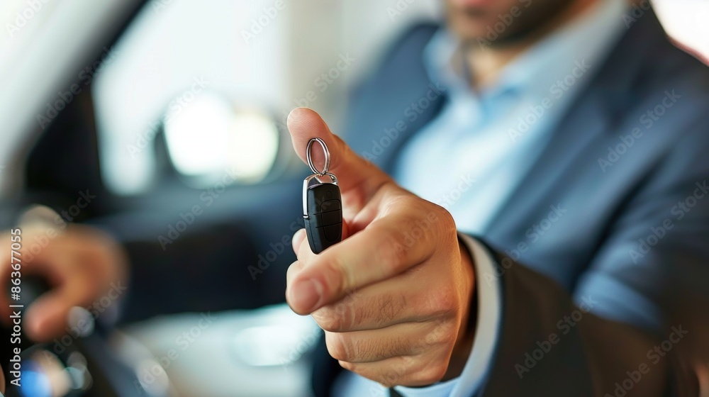 Poster a salesman confidently displaying a car key while discussing features with a potential buyer
