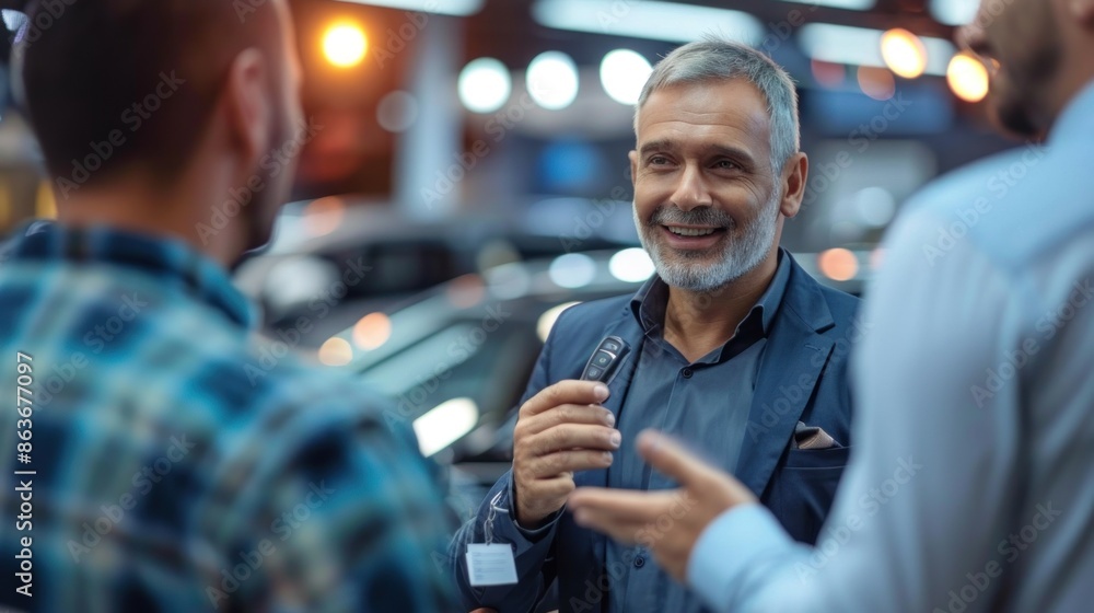 Poster a salesman confidently displaying a car key while discussing features with a potential buyer