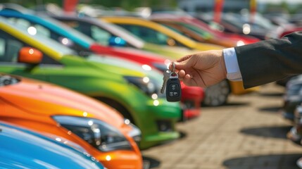 A salesman presenting a car key to a customer, with a backdrop of colorful cars at the dealership lot 