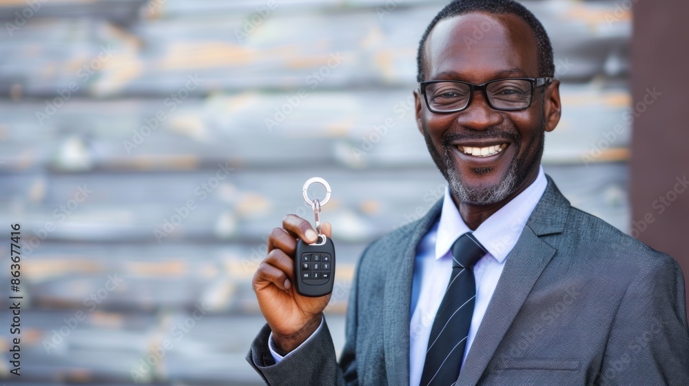 Poster an executive african businessman presenting a keychain, with a minimalist background ideal for addin