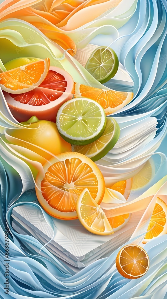 Aufkleber Vibrant Citrus-Inspired Abstract Digital Artwork with Intertwining Shapes and Patterns