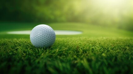 Fototapeta premium Green grass with golf ball close-up in soft focus at sunlight. Golf playground for golf concept. Olympic game 2024 in Paris.