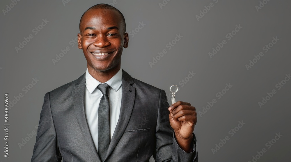Poster an african man in a business suit showing off a keychain, with space around for adding custom text o