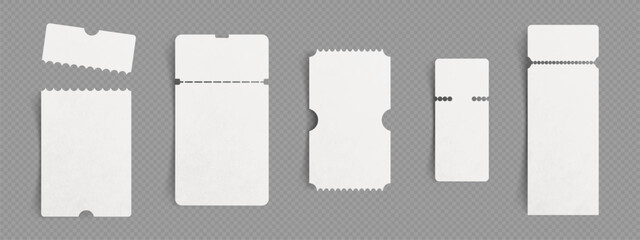 3d paper coupon or cinema ticket mockup template. Blank travel voucher or price tag sticker isolated vector design. Premium theatre or airplane pass label. Empty discount guarantee lottery mock up