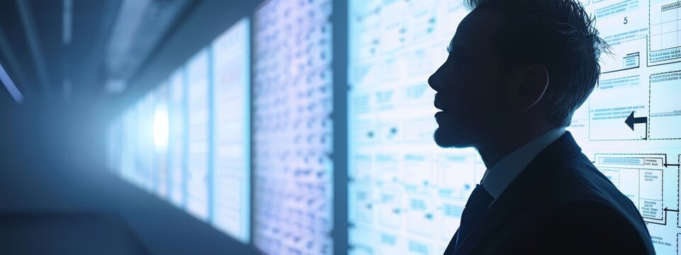  A man in a suit stands before a vast data display on a darkened wall