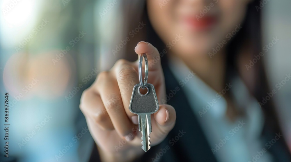 Poster an executive asian businesswoman presenting a keychain, with a minimalist background ideal for addin