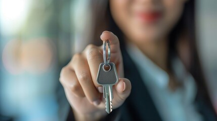 An executive Asian businesswoman presenting a keychain, with a minimalist background ideal for adding custom text or graphics