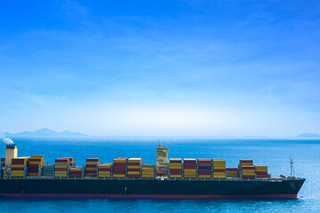 Large ships transport cargo and carry large amounts of containers. Sea shipping by cargo ship. Concept. International. Export-import business, logistics, transportation industry	