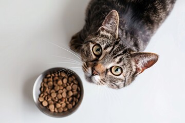 A tabby cat looks up near a bowl of food on white background, pet care concept