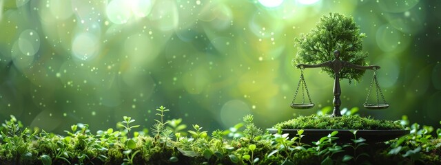  A stature of a figure holding a balance with a tree atop it, situated in a moss-covered locale