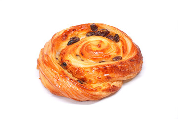 Pain aux raisins isolate on white, also called escargot or pain russe, is a spiral pastry often...