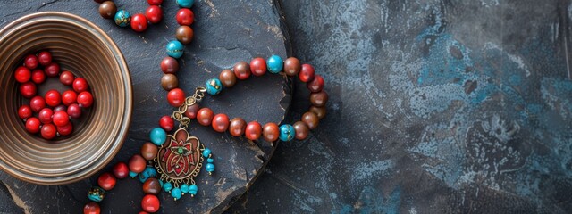 Fototapeta premium A red-and-blue beaded necklace rests atop a wooden surface, near a bowl filled with beads