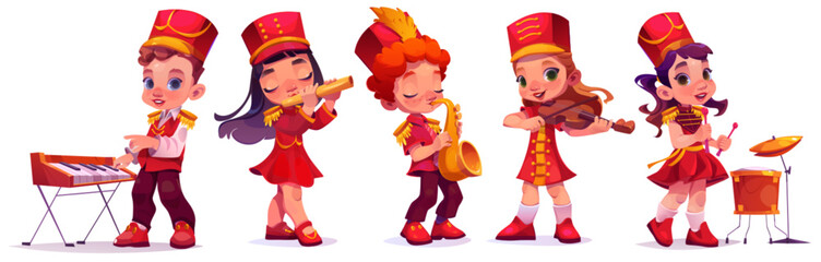 March parade music kid character band cartoon. Drum, trumpet, trombone and sax instrument for playing military children orchestra isolated set. Smiling happy boy and girl in red uniform and boots