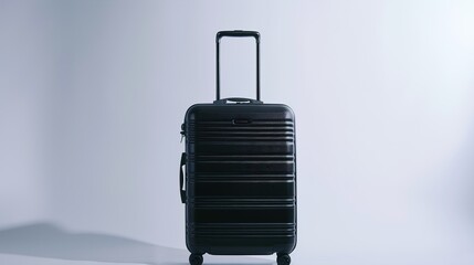 Fototapeta premium A sleek black rolling suitcase with a retractable handle, sitting upright on a white backdrop, ready for an adventure.