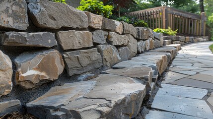 Stone Wall Pathway Leading Through a Garden