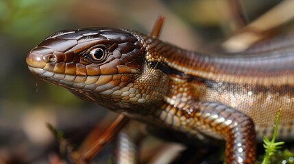 Close up picture of a snake like Skink lizard crawling