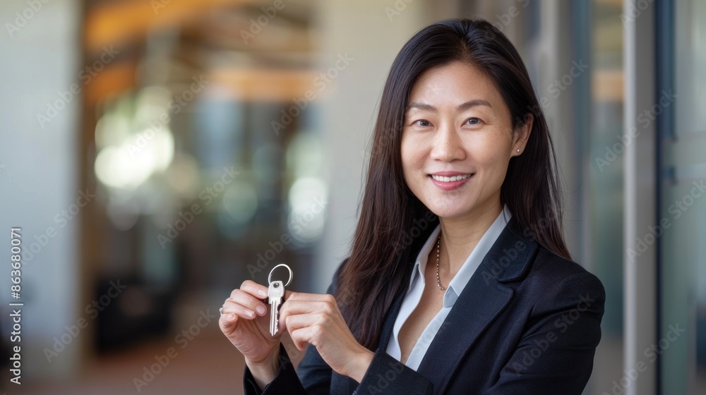 Poster an asian woman in a business suit showing off a keychain, with space around for adding custom text o