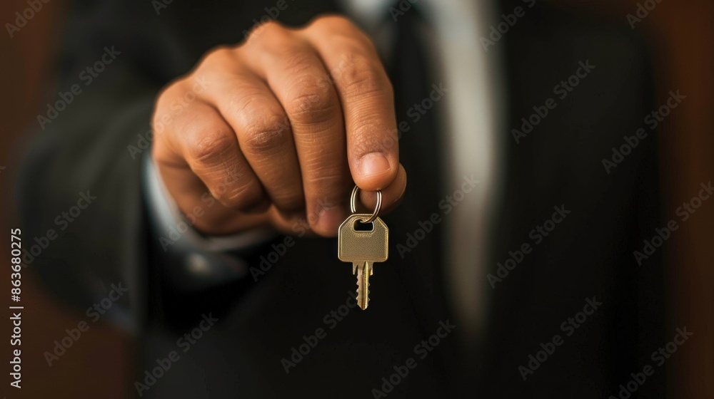 Poster an executive displaying a keychain, with a minimalist background perfect for adding custom text or g