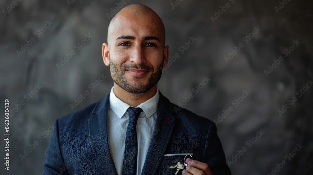 Poster a successful businessman showcasing a keychain with a serene expression, against a neutral backdrop 