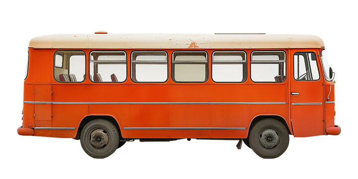 Side view of vintage orange bus on transparent background