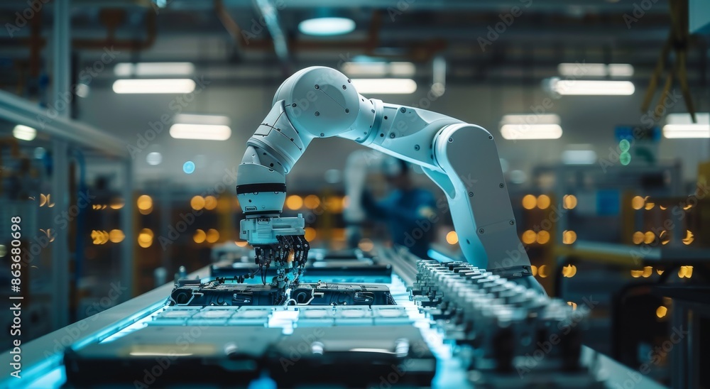 Poster robotic arm assembling electronics in high-tech factory environment with precision