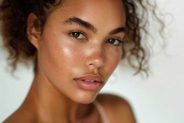 Naklejka premium A photograph of a mixed-race woman with African and European heritage, thoughtful pose, straight-on angle, half-body shot. White background. 