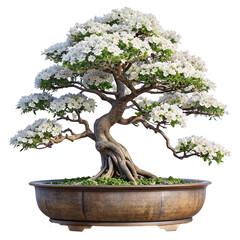 big potted bonsai The wood is bent and has beautiful patterns. A tree full of white flowers It is unique and different from everyone else. transparent background