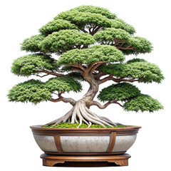 big potted bonsai The wood is bent and has beautiful patterns. green tree It is unique and different from other types of trees. transparent background