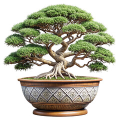 big potted bonsai The wood is bent and has beautiful patterns. green tree It is unique and different from other types of trees. transparent background