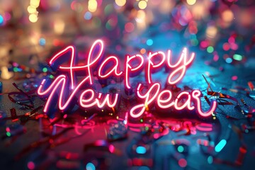 Neon Happy New Year Sign Amidst Confetti