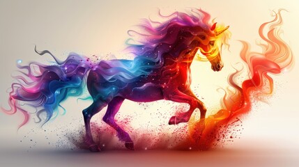 A majestic vector horse, rearing up on its hind legs, with a gradient mane.