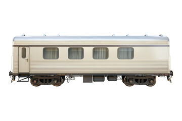 Cream passenger train car with wheels isolated on transparent.