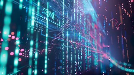 Obraz premium A dynamic digital artwork visualizing data transmission and encryption, with binary code streams pulsating across interconnected nodes and pathways, depicting a vibrant digital ecosystem